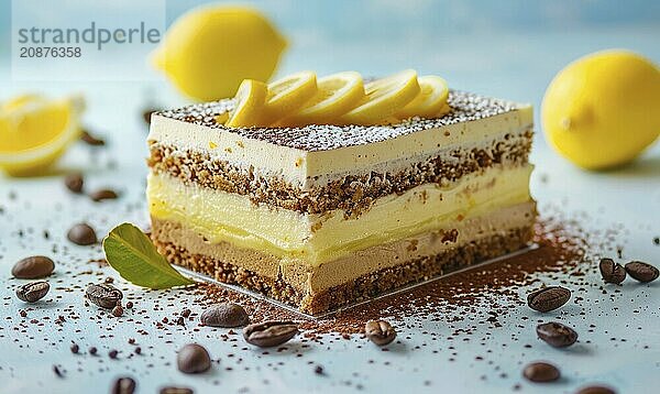 Lemon and coffee mousse cake with layers on a light blue background AI generated