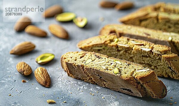 Pistachio biscotti with almond slices on a light blue background AI generated