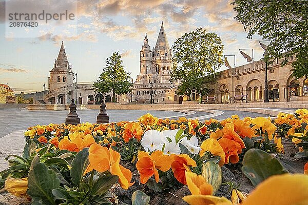 Old historic fortress and church at sunrise. City panorama at dusk. View of the Danube Fishermens Bastion  Halászbástya  Budapest  Hungary  Europe