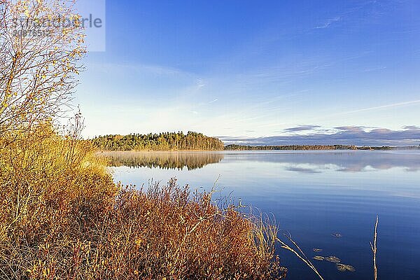 Scenics view by a lake with calm water and reflections in the water and beautiful autumn colors on the forest by the beach