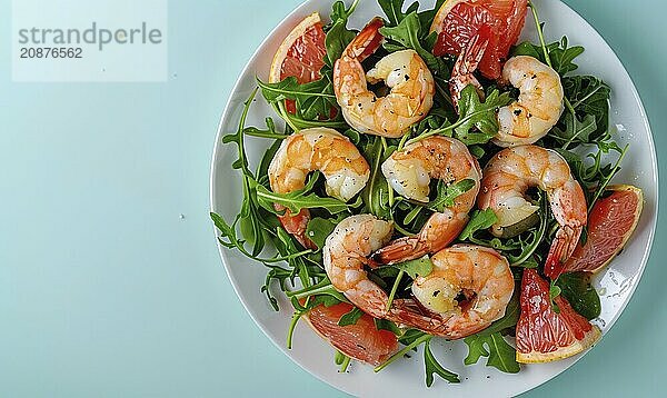 Shrimp and grapefruit salad with arugula on a light blue background AI generated