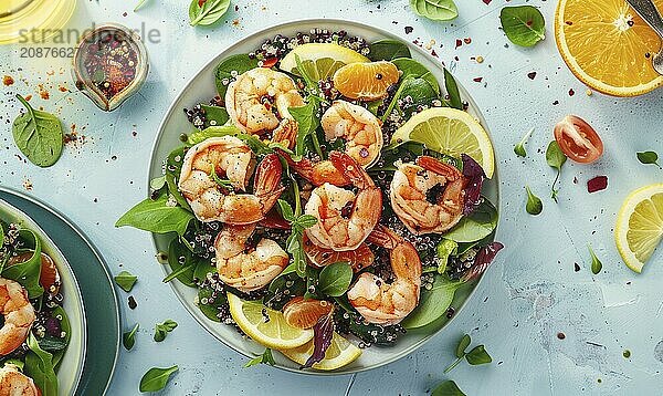 Shrimp and quinoa salad with citrus dressing on a light blue background AI generated