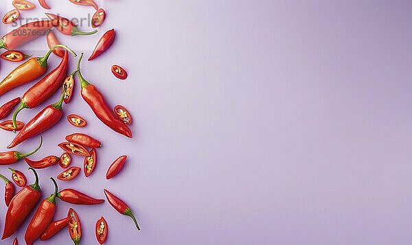 Top view of hot peppers scattered on a purple background AI generated