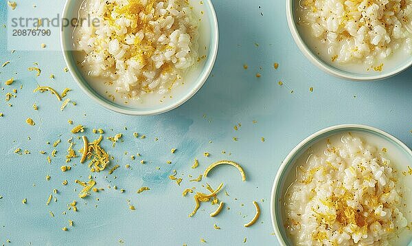 Spanish arroz con leche with citrus zest on a light blue background AI generated