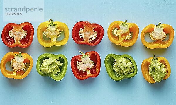 Sliced bell peppers with guacamole on a light blue background AI generated