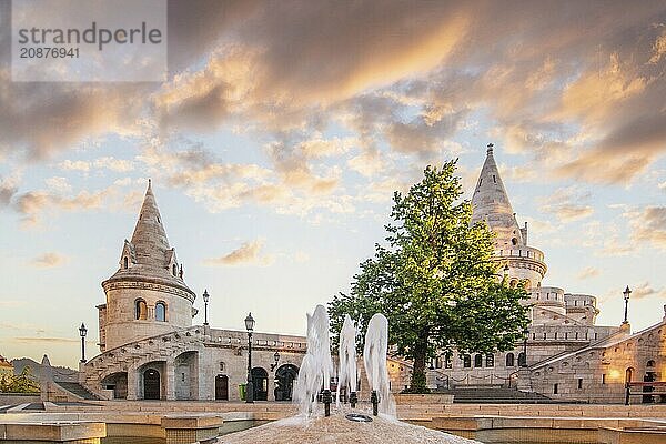 Old historic fortress and church at sunrise. City panorama at dusk. View of the Danube Fishermens Bastion  Halászbástya  Budapest  Hungary  Europe