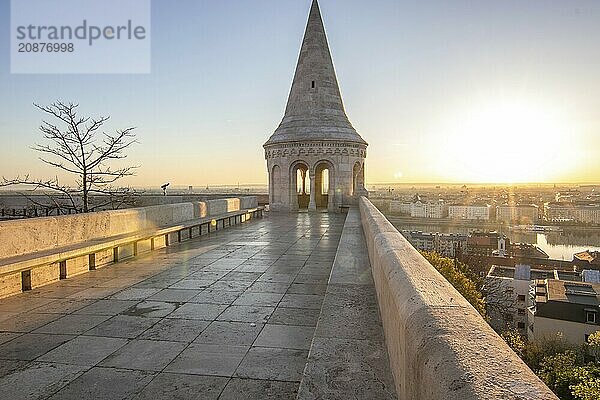 Old historic fortress and church at sunrise. City panorama at dusk. View of the Danube Fishermens Bastion  Halászbástya  Budapest  Hungary  Europe