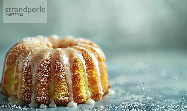 Lemon pound cake with a sugar glaze and a macchiato on a light blue background AI generated