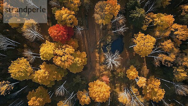 Aerial perspective of an autumn forest with leaves in varying shades of amber red and yellow  AI generated