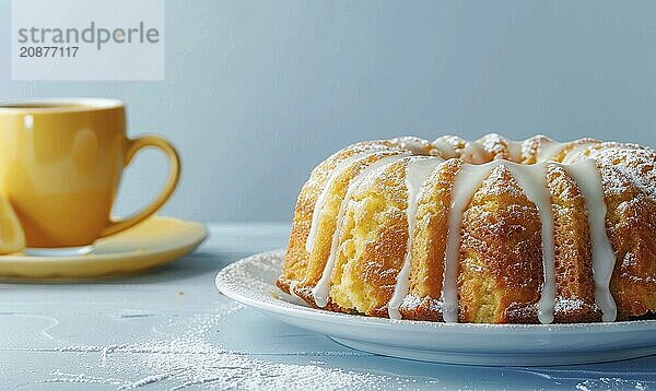 Lemon pound cake with a sugar glaze and a macchiato on a light blue background AI generated