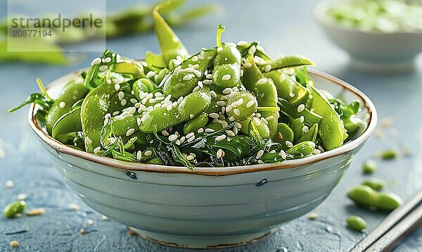 Edamame and seaweed salad with sesame seeds on a light blue background AI generated