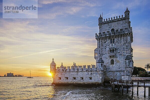 Belem Tower or Tower of St Vincent  famous tourist landmark of Lisboa and tourism attraction  on the bank of the Tagus River Tejo on sunset. Lisbon  Portugal  Europe