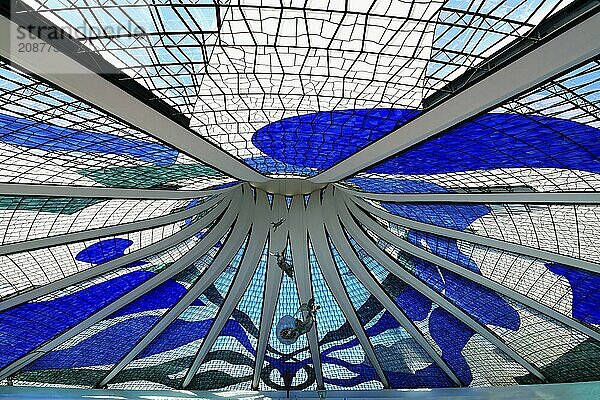 Angels hanging from the stained-glass ceiling  Roman Cathedral of Brasilia or Metropolitan Cathedral of Our Lady of Aparecida  designed by Oscar Niemeyer  World Heritage Site  Brasilia  Federal district  Brazil  South America