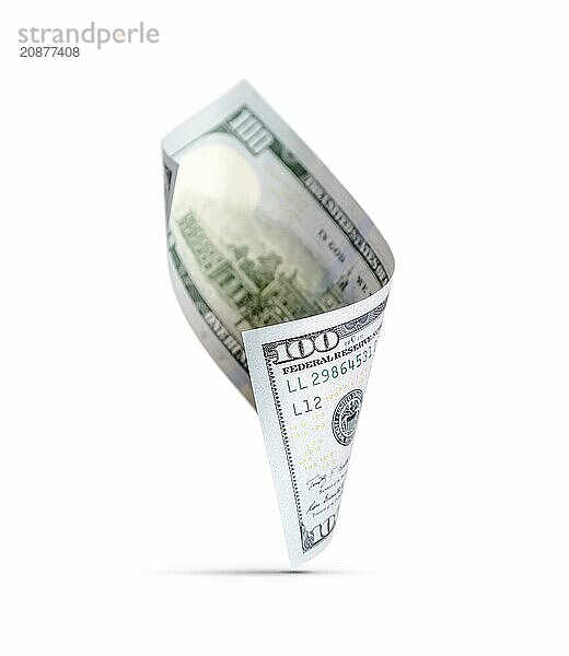 One hundred dollar bill floating down to surface with drop shadow isolated on a white background