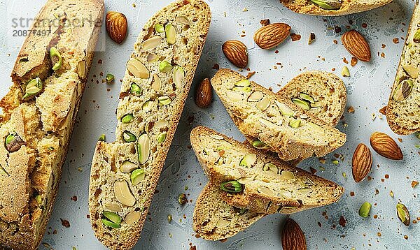 Pistachio biscotti with almond slices on a light blue background AI generated