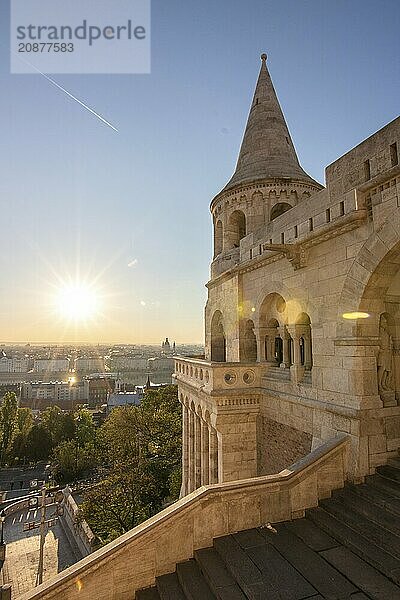 Old historic fortress and church at sunrise. City panorama at dusk. View of the Danube Fishermen's Bastion  Halászbástya  Budapest  Hungary  Europe