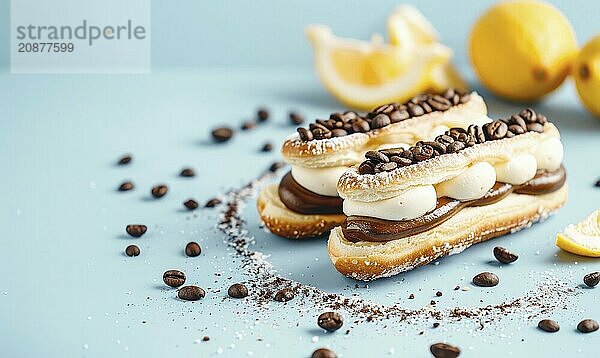 Lemon and coffee eclairs with coffee cream on a light blue background AI generated