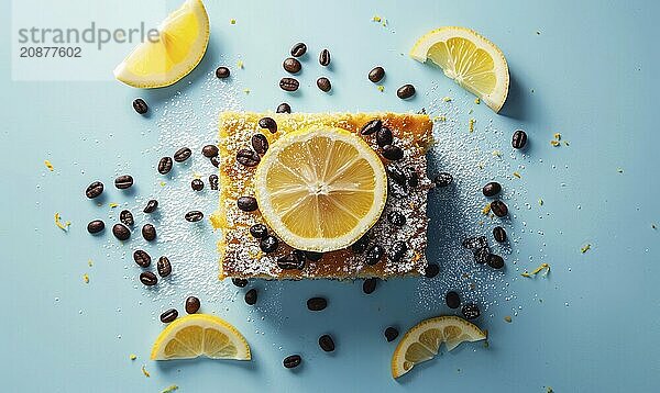 Lemon coffee cake with coffee beans on a light blue background AI generated