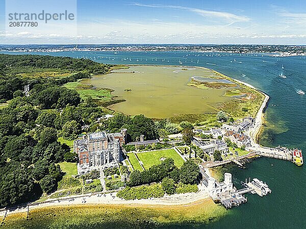 Brownsea Castle on Brownsea Island from a drone  Poole  Dorset  England  United Kingdom  Europe