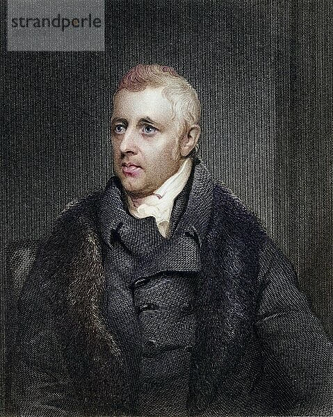 Dudley Ryder (1762-1847)  1st Earl of Harrowby  English Tory politician (Conservative) . Dudley Ryder held the parliamentary seat for Tiverton  Devon (1784-1803) until he inherited its barony and was created Earl Harrowby (1809) . He was a close friend of William Pitt and held various offices of state between 1789 and 1827. In 1827 he declined to serve as Prime Minister under George IV. Copper engraving after a portrait by Thomas Phillips  Historical  digitally restored reproduction from a 19th century original  Record date not stated