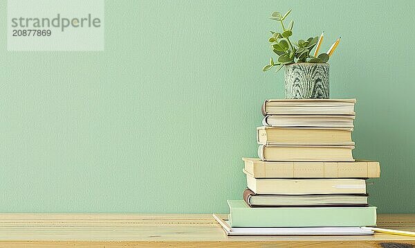 Stack of books on a wooden desk with a pastel mint green background AI generated