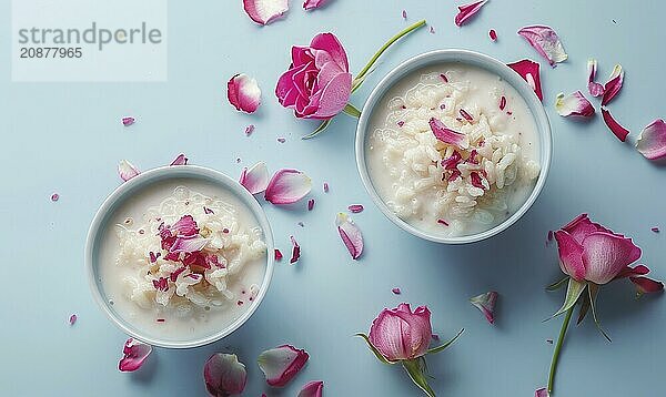 Rosewater rice pudding on a light blue background AI generated