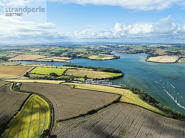 Salcombe and Mill Bay over Kingsbridge Estuary from a drone  Batson Creek  Southpool Creek  Devon  England  United Kingdom  Europe