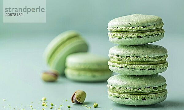 Pistachio macarons on a light blue background AI generated