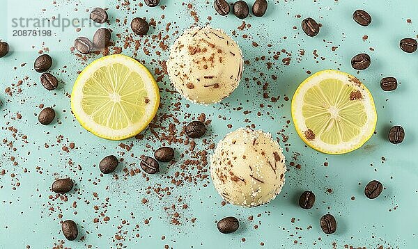 Lemon and coffee truffles with coffee beans on a light blue background AI generated