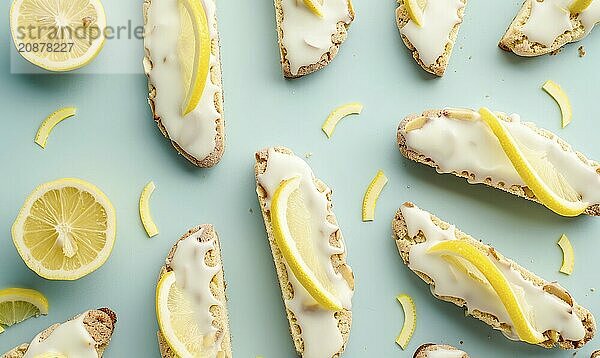 Lemon and almond biscotti with lemon glaze on a light blue background AI generated