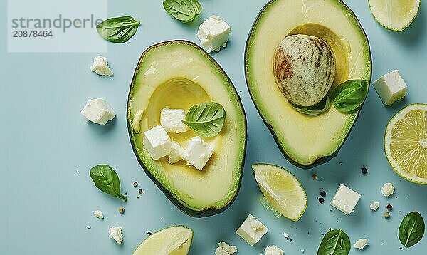 Avocado and feta cheese salad on a light blue background AI generated