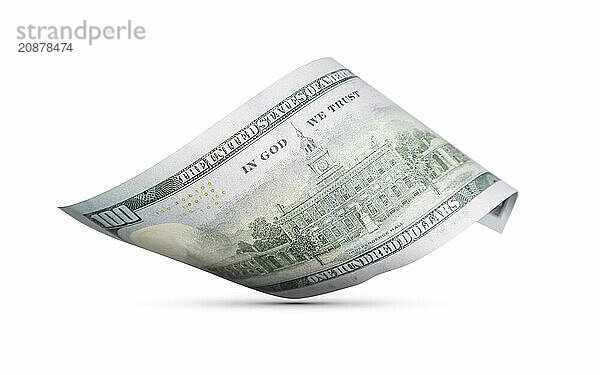 One hundred dollar bill floating down to surface with drop shadow isolated on a white background