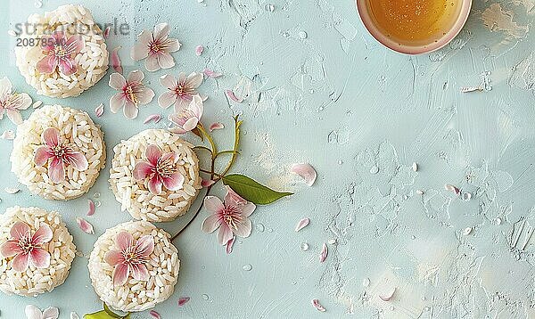 Rosewater rice cakes with honey syrup on a light blue background AI generated