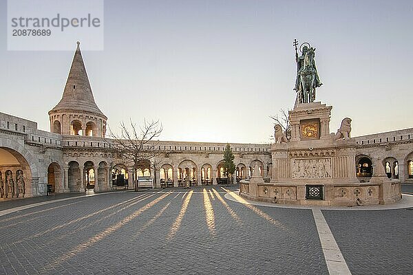 Old historic fortress and church at sunrise. City panorama at dusk. View of the Danube Fishermens Bastion  Halászbástya  Budapest  Hungary  Europe