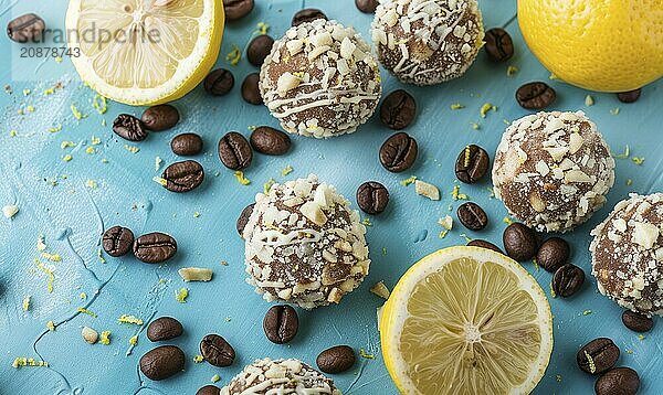 Lemon and coffee truffles with coffee beans on a light blue background AI generated