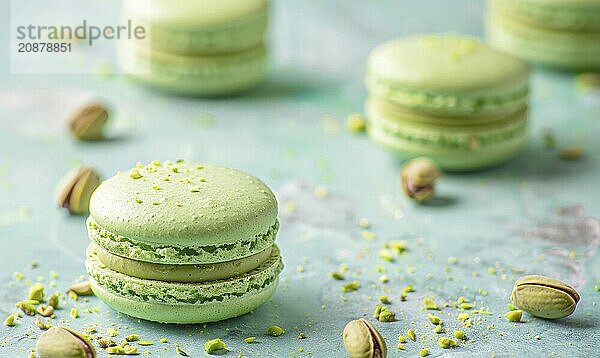 Pistachio macarons on a light blue background AI generated