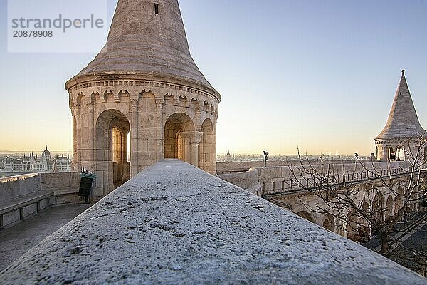 Old historic fortress and church at sunrise. City panorama at dusk. View of the Danube Fishermen's Bastion  Halászbástya  Budapest  Hungary  Europe