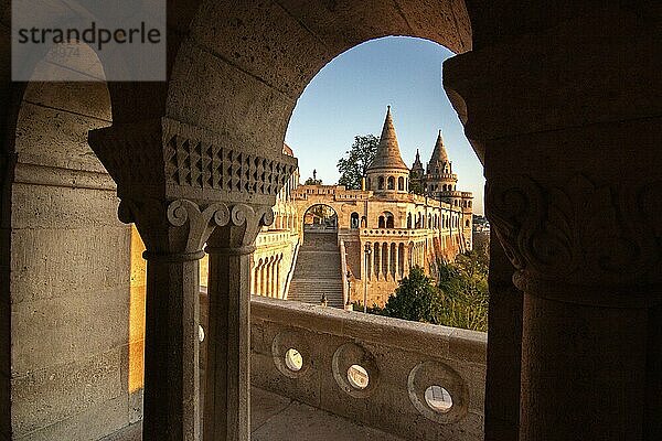 Old historic fortress and church at sunrise. City panorama at dusk. View of the Danube Fishermens Bastion  Halászbástya  Budapest  Hungary  Europe