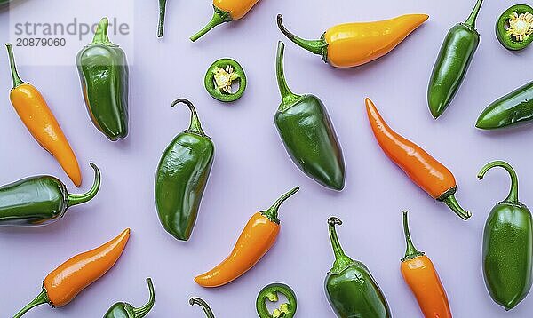 Top view of colorful peppers on a purple background AI generated