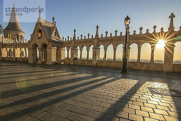 Old historic fortress and church at sunrise. City panorama at dusk. View of the Danube Fishermen's Bastion  Halászbástya  Budapest  Hungary  Europe