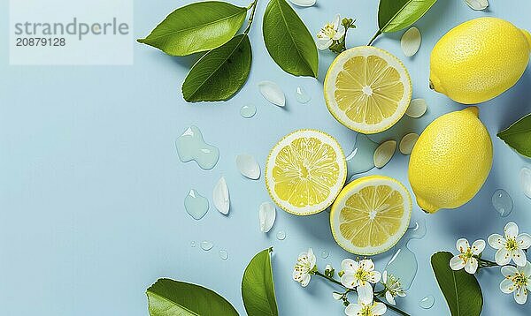 Sliced lemons with lemon leaves and blossoms on a light blue background AI generated