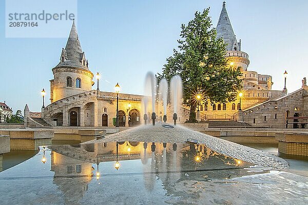 Old historic fortress and church at sunrise. City panorama at dusk. View of the Danube Fishermens Bastion  Halászbástya  Budapest  Hungary  Europe