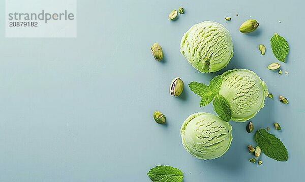 Pistachio sorbet with mint leaves on a light blue background AI generated