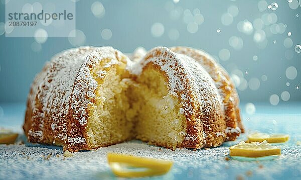 Lemon pound cake with a sugar glaze and a macchiato on a light blue background AI generated