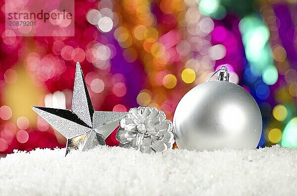 Christmas decorations in the snow. Selective focus