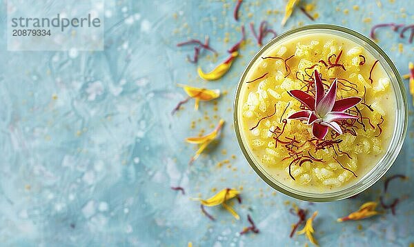 Persian saffron rice pudding on a light blue background AI generated