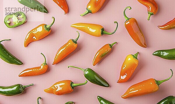 Top view of hot peppers scattered on a purple background AI generated