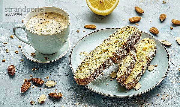 Lemon and almond biscotti with a cup of espresso on a light blue background AI generated