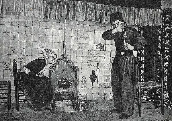 Woman sitting in front of a stove while a man blows his nose in embarrassment  shy suitor  Historical  digitally restored reproduction from a 19th century original  Record date not stated