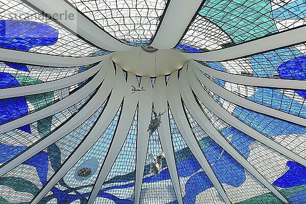 Angels hanging from the stained-glass ceiling  Roman Cathedral of Brasilia or Metropolitan Cathedral of Our Lady of Aparecida  designed by Oscar Niemeyer  World Heritage Site  Brasilia  Federal district  Brazil  South America